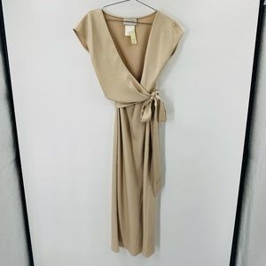 BHLDN Louisa Satin Charmeuse Champagne Wrap Front Surplice Midi Dress Size 10